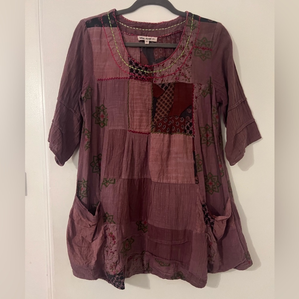Indigo thread Co Patchwork Tunic Purple with pockets 100% cotton size S (M106)